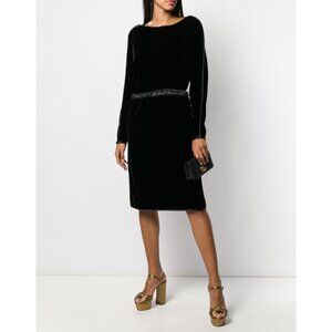 GUCCI DRESS VELVET DRAWSTRING MIDI BLACK LONG SLEEVE sz IT 44 US 8